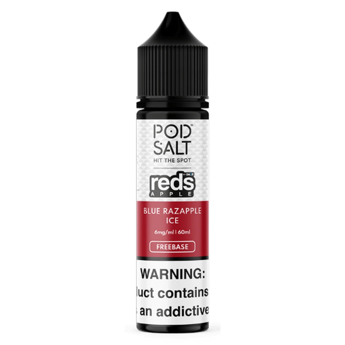 A bottle of Red's Apple Blue Razapple Ice e-liquid by POD SALT, featuring a black cap and a white label with red and black text, set against a plain white background.