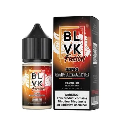 A bottle of BLVK Fusion 35MG Citrus Strawberry Ice nicotine salt e-liquid next to its black and orange retail box, on a plain white background.