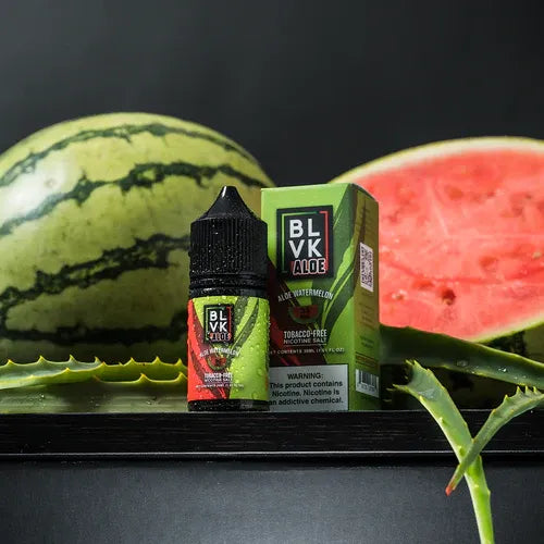 BLVK Aloe watermelon vape juice bottle and packaging with a watermelon and aloe vera plant on a dark background