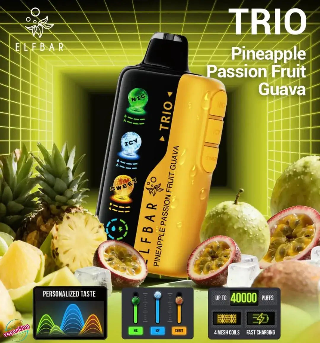 Elf Bar Trio vape device with pineapple, passion fruit, and guava around it on a green background.