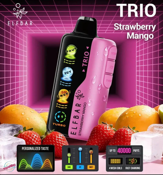 Elf Bar Trio Strawberry Mango vape device with fruit and ice background