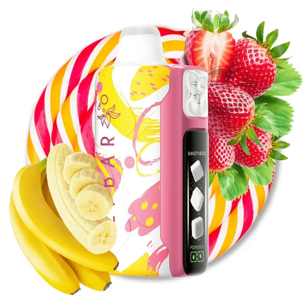 Elfbar ice king vape device with colorful design surrounded by strawberries and bananas on a white background