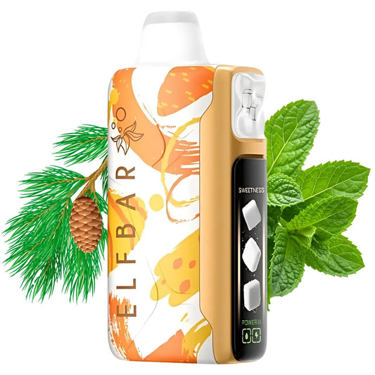 ELFBAR Sweet King Vape - Pine Needle Mint, with mint leaves and pineapple tree on white background