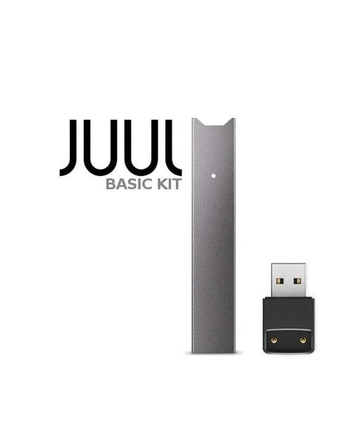 JUUL Basic Kit with a metallic device and USB adapter on a white background