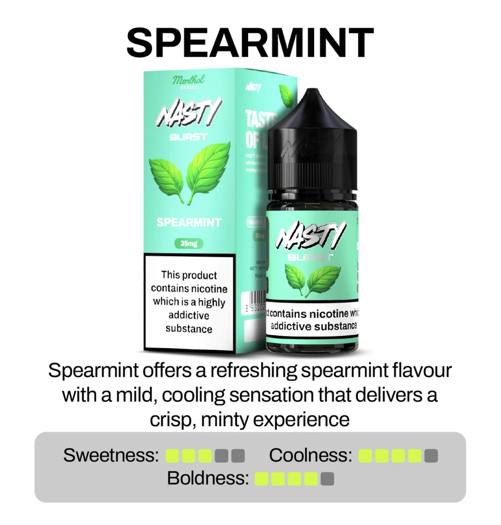 Nasty Brust Nicotine Spearmint product packaging with bottle and box on a white background