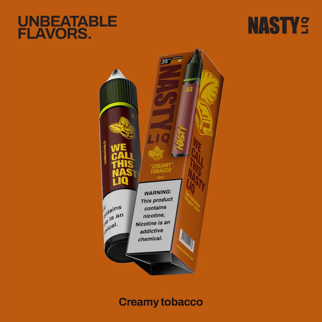 Nasty LIQ creamy tobacco nicotine salt bottle and packaging on an orange background