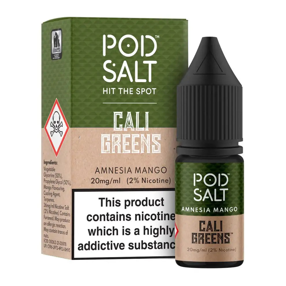 Pod Salt Cali Greens Amnesia Mango e-liquid bottle and packaging on a white background