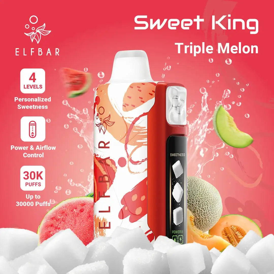 ELFBAR Sweet King Triple Melon disposable vape device shown in red and white with fruit illustrations, surrounded by watermelon, melon, and ice cubes on a pink background with product feature callouts.