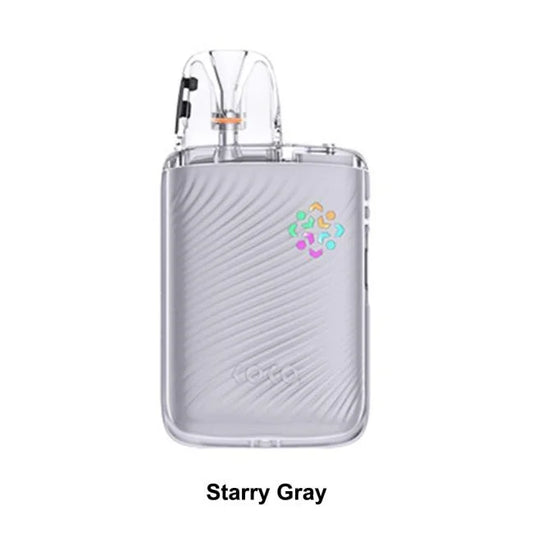 A G5 koko lite KOKO vape device in 'Starry Gray' color, featuring a textured gray body with a small multicolor flower graphic on the upper right. The device is shown with its clear mouthpiece and is set against a plain white background with the text 'Starry Gray' below.