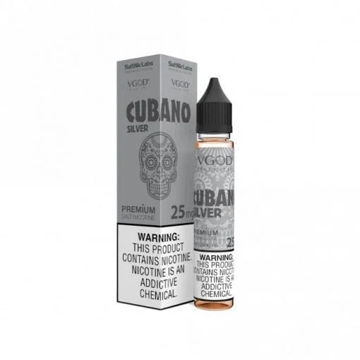 Vape juice bottle and packaging with 'Cubano Silver' branding on a white background
