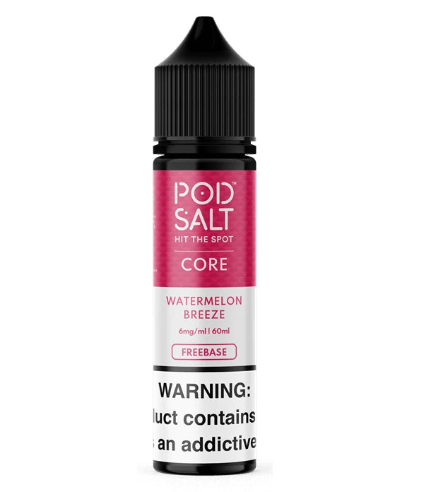 A 60ml bottle of POD SALT Core Watermelon Breeze freebase e-liquid, featuring a black cap and a label with pink and white sections and a prominent warning label at the bottom.