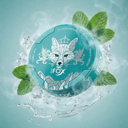 White Fox Double Mint container with fox design surrounded by mint leaves on a light blue background