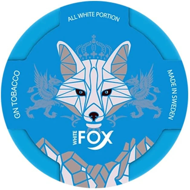 Blue packaging of White Fox Slim mint nicotine pouch with geometric fox design and text on a white background