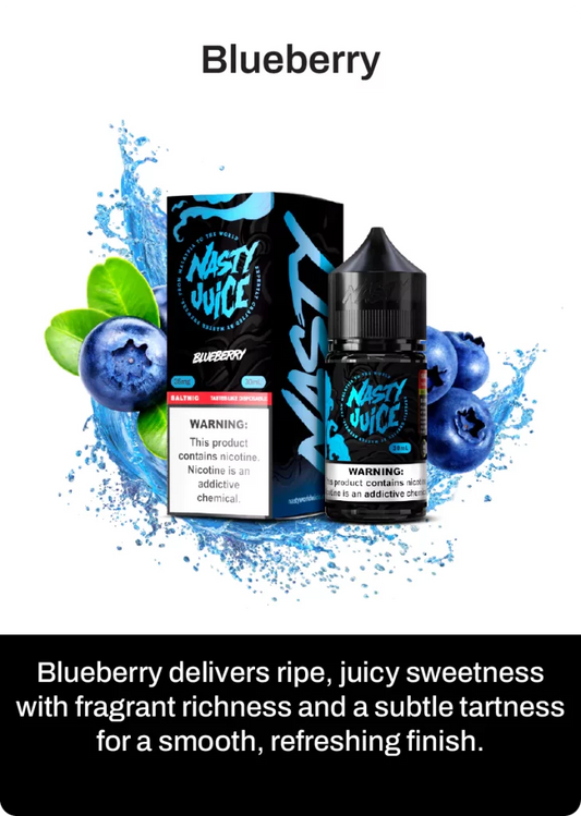Nasty juice smooth blueberry vape flavour, with flavour description on below