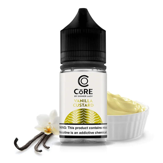 Core by Dinner Lady Vanilla Custard e-liquid bottle with vanilla bean and custard on a white background