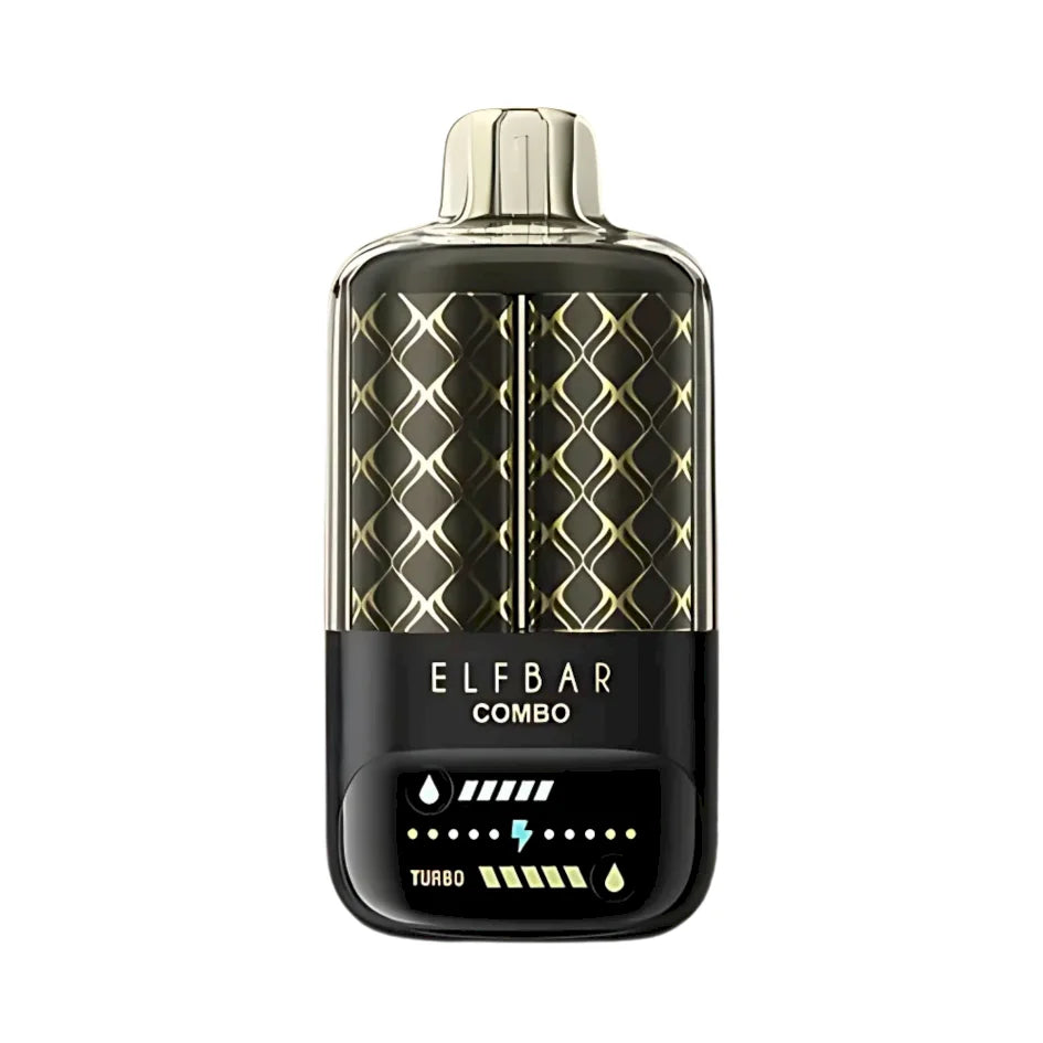 ELFBAR Combo vape device in black and gold with a textured geometric pattern on the upper half and a black lower section featuring LED indicators.