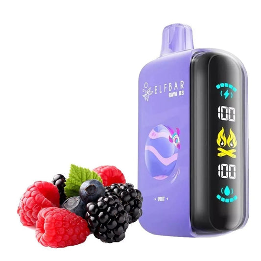 Elfbar Raya d3 vape device with berries vmt on a white background