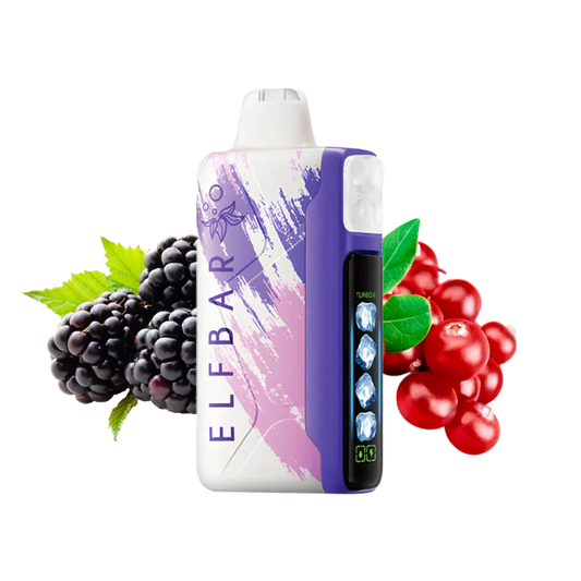 Elf Bar ice king vape device with blackberries and cranberries on a white background