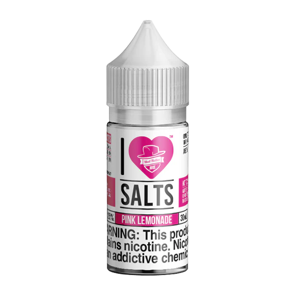 Bottle of I Love Salts Pink Lemonade nicotine product on a white background