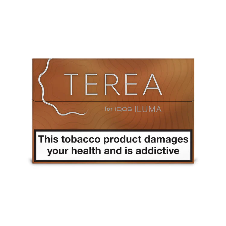 Terea Amber for IQOS ILUMA packaging with health warning text on a white background