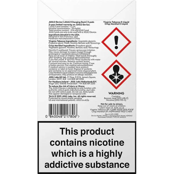 Juul2 starter kit backside information