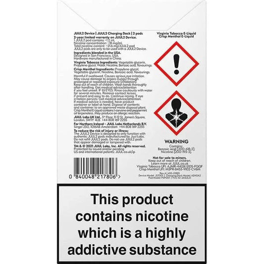 Juul2 starter kit backside information