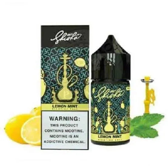 A bottle of Shisha Lemon Mint e-liquid next to its retail box, decorated with yellow hookah illustrations and lemon and mint graphics, on a white background with decorative lemon slices and mint leaves.