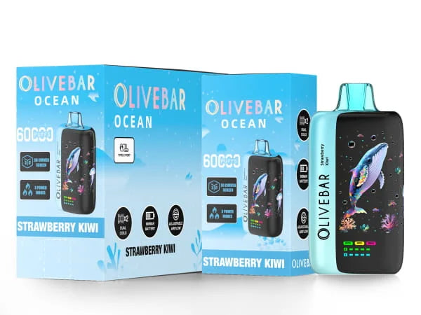Olivebar Ocean 60000 puffs Strawberry Kiwi vape device and packaging on a white background