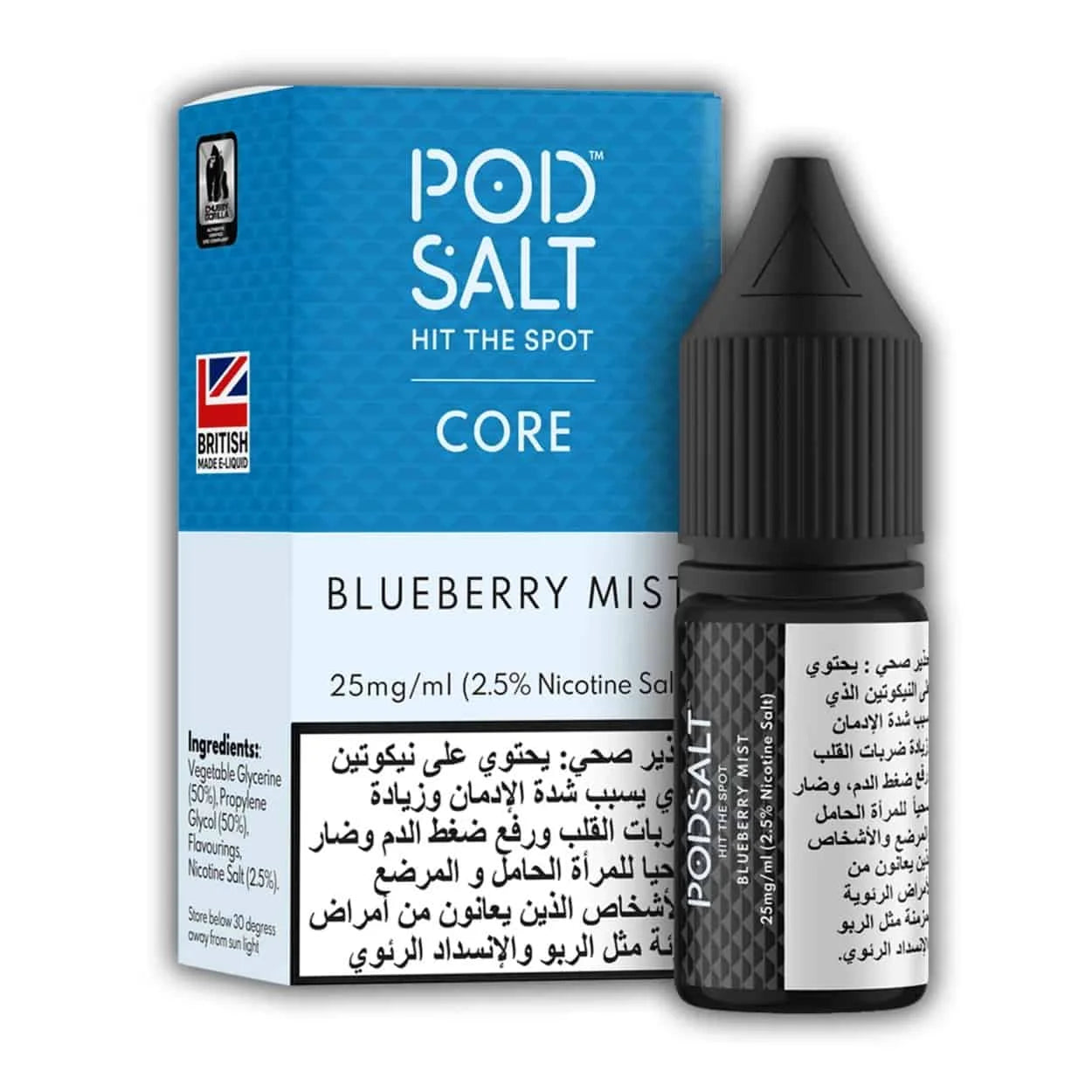 Pod Salt Blueberry Mist vape juice bottle and packaging on a white background