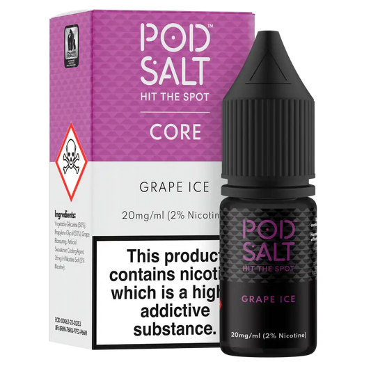 Pod Salt core Grape Ice e-liquid bottle and packaging on a white background