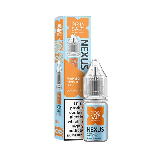Nexus Pod Salt Mango Peach Ice e-liquid bottle and packaging on a white background