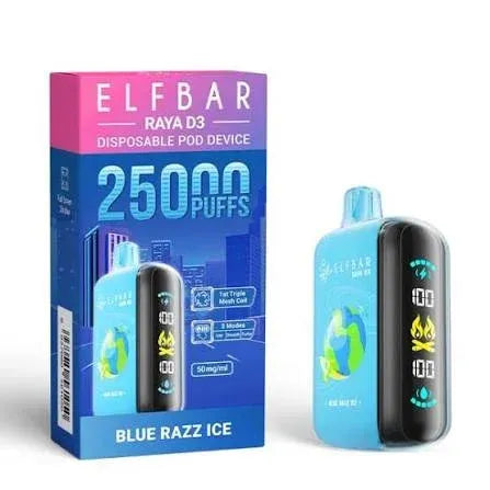 ELFBAR Raya D3 disposable pod device in Blue Razz Ice flavor, shown next to its blue and pink retail packaging box on a white background.