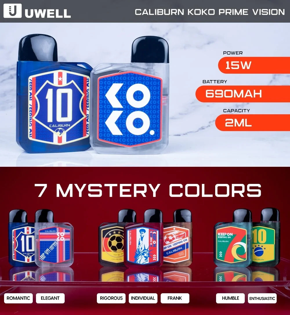 UWELL Caliburn Koko Prime Vision vape device with specifications and color options displayed.