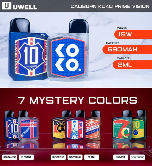 UWELL Caliburn Koko Prime Vision vape device with specifications and color options displayed.