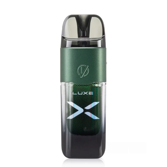 Green and black vaporesso vape device with 'LUXE X' branding on a white background