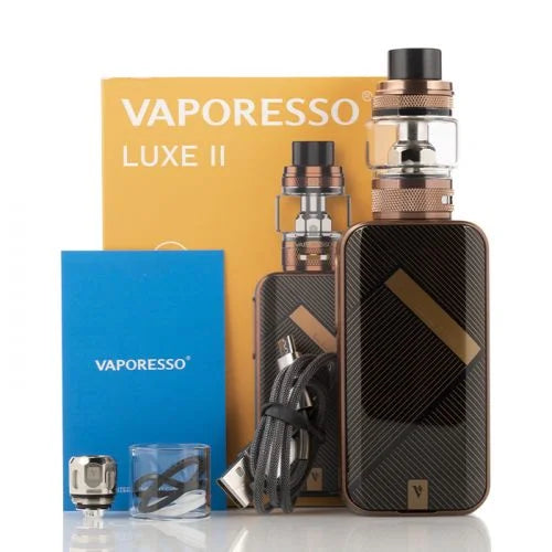 Vaporesso Luxe II vaping device with accessories and packaging on a white background