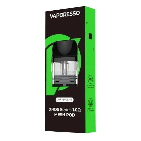 Vaporesso XROS Series 1.0 10 Ohm Mesh Pod packaging box, featuring a black and bright green design with a clear depiction of the pod device.