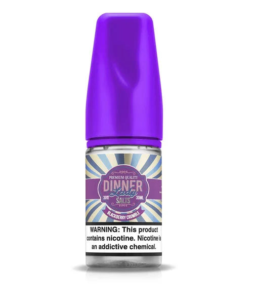 Dinner Lady Blackberry crumble vape juice bottle with purple cap and label on a white background