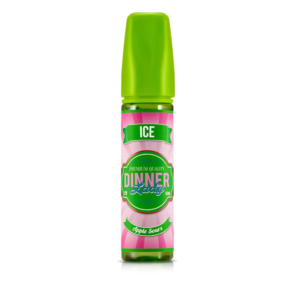 Dinner Lady Apple sours vape juice bottle with green cap and pink label on a white background