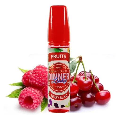 Dinner Lady Fruits berry blast vape juice with raspberries and cherries on a white background