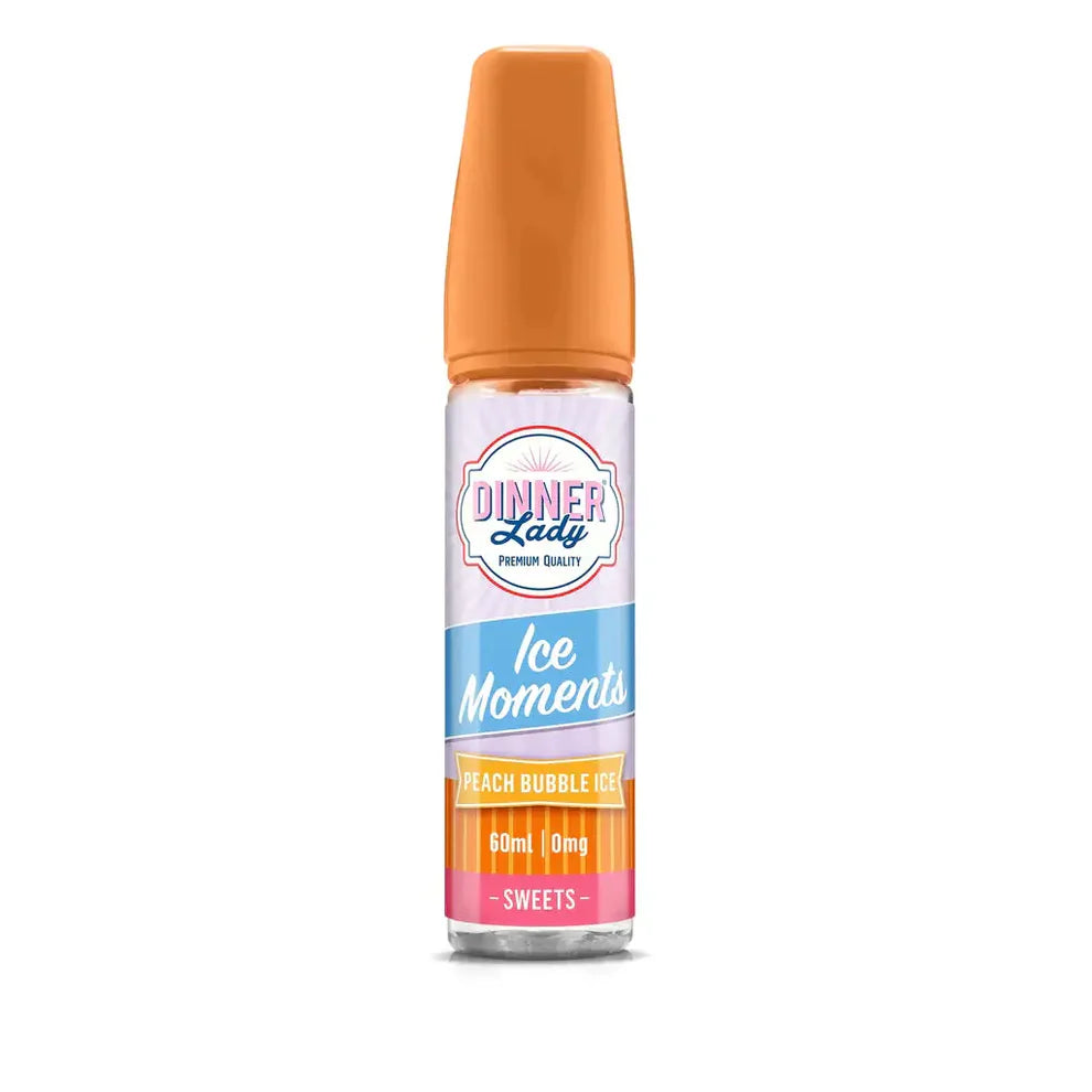 Bottle of 'Dinner Lady' Ice Moments peach bubble gum flavor on a white background