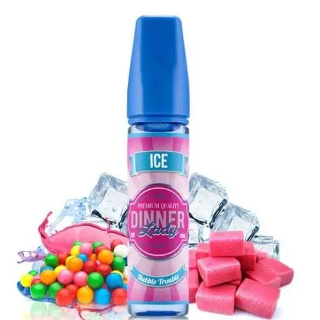 Dinner Lady bubble trouble vape juice with colorful candy and ice cubes on a white background