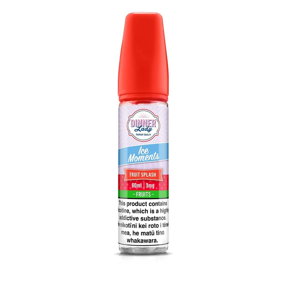 Dinner Lady Ice Moments fruit splash vape juice bottle with red cap on a white background