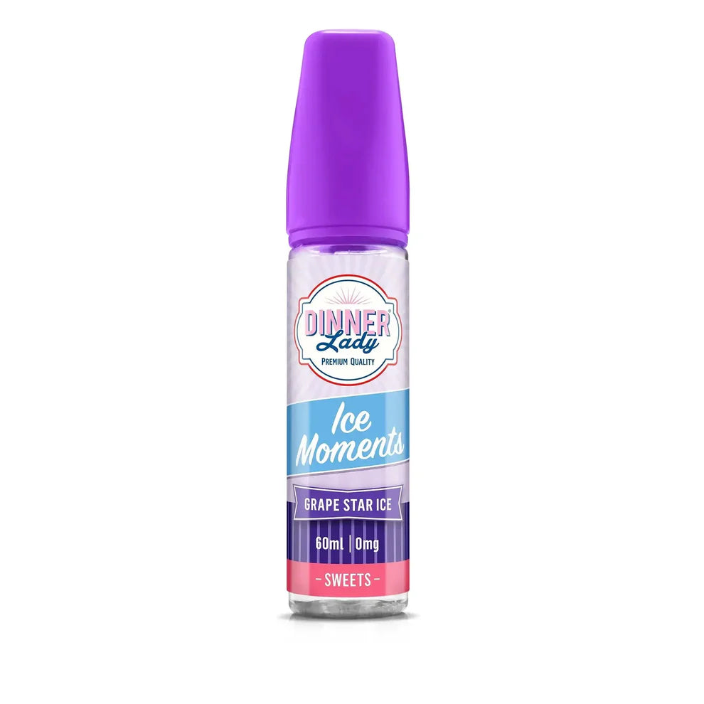 grape star ice vape juice with purple cap and labeled 'Dinner Lady' on a white background