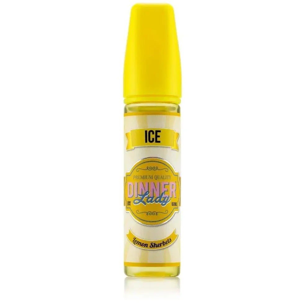 Yellow and whitelemon sherbets vape juice bottle with 'Dinner Lady' branding on a white background