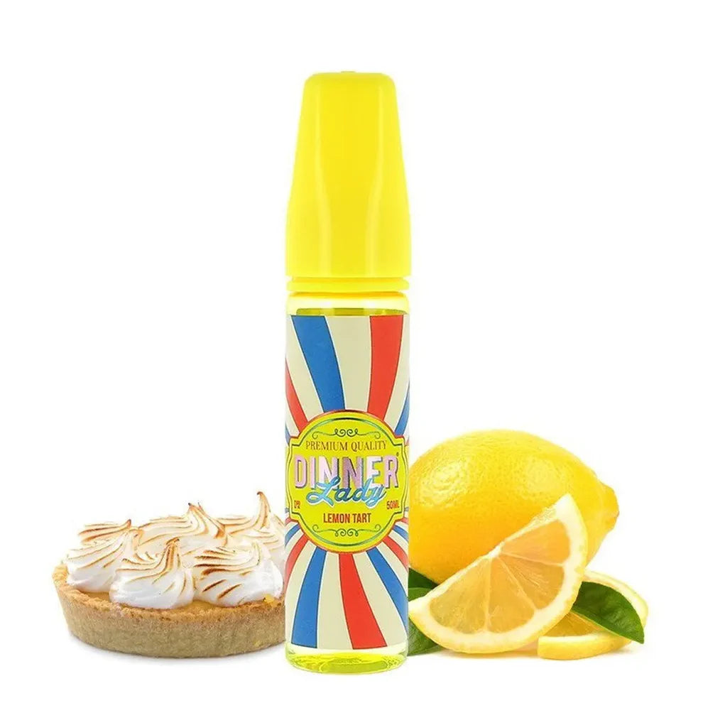 Dinner Lady lemon tart vape juice bottle with a lemon and tart on a white background