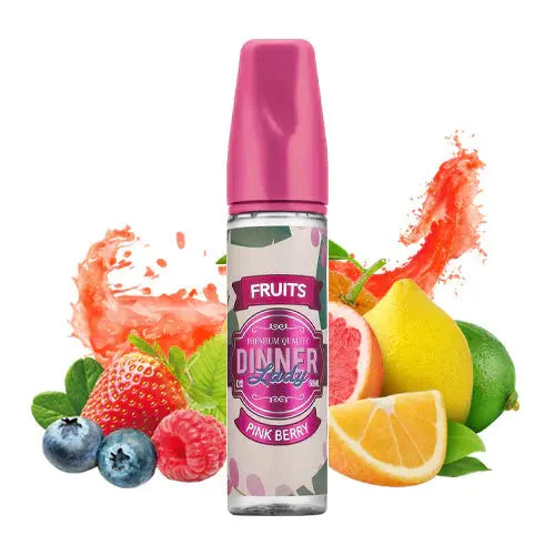 Pink bottle of Dinner Lady Fruits Pink Berry vape juice with fruit illustrations on a white background