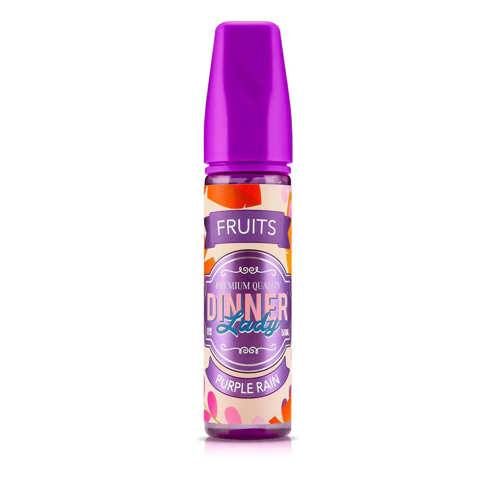 Dinner lady purple rain Vape juice bottle with purple cap and colorful label on a white background