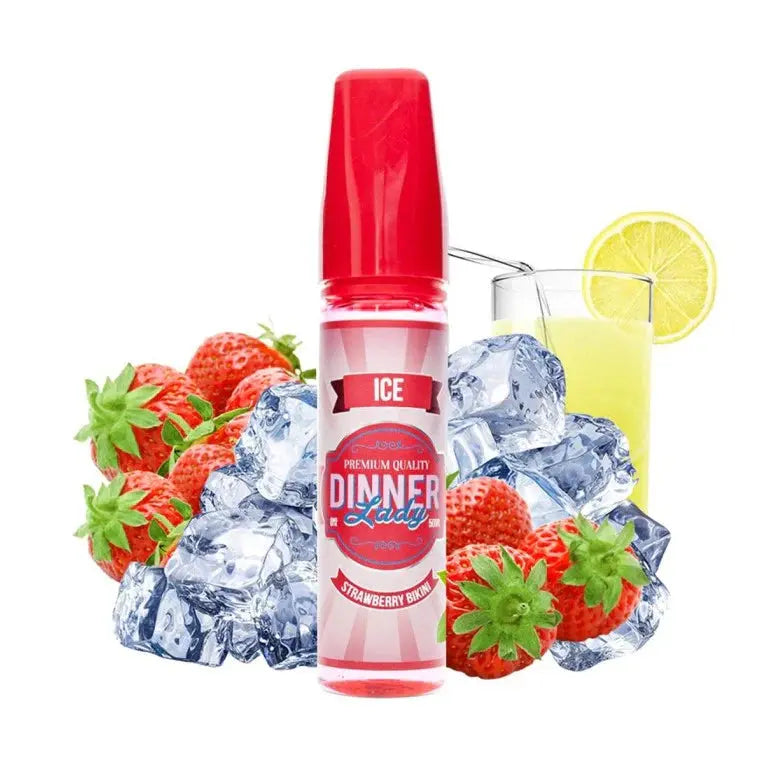 Dinner Lady Strawberry Bikini vape juice bottle with strawberries and ice cubes on a white background