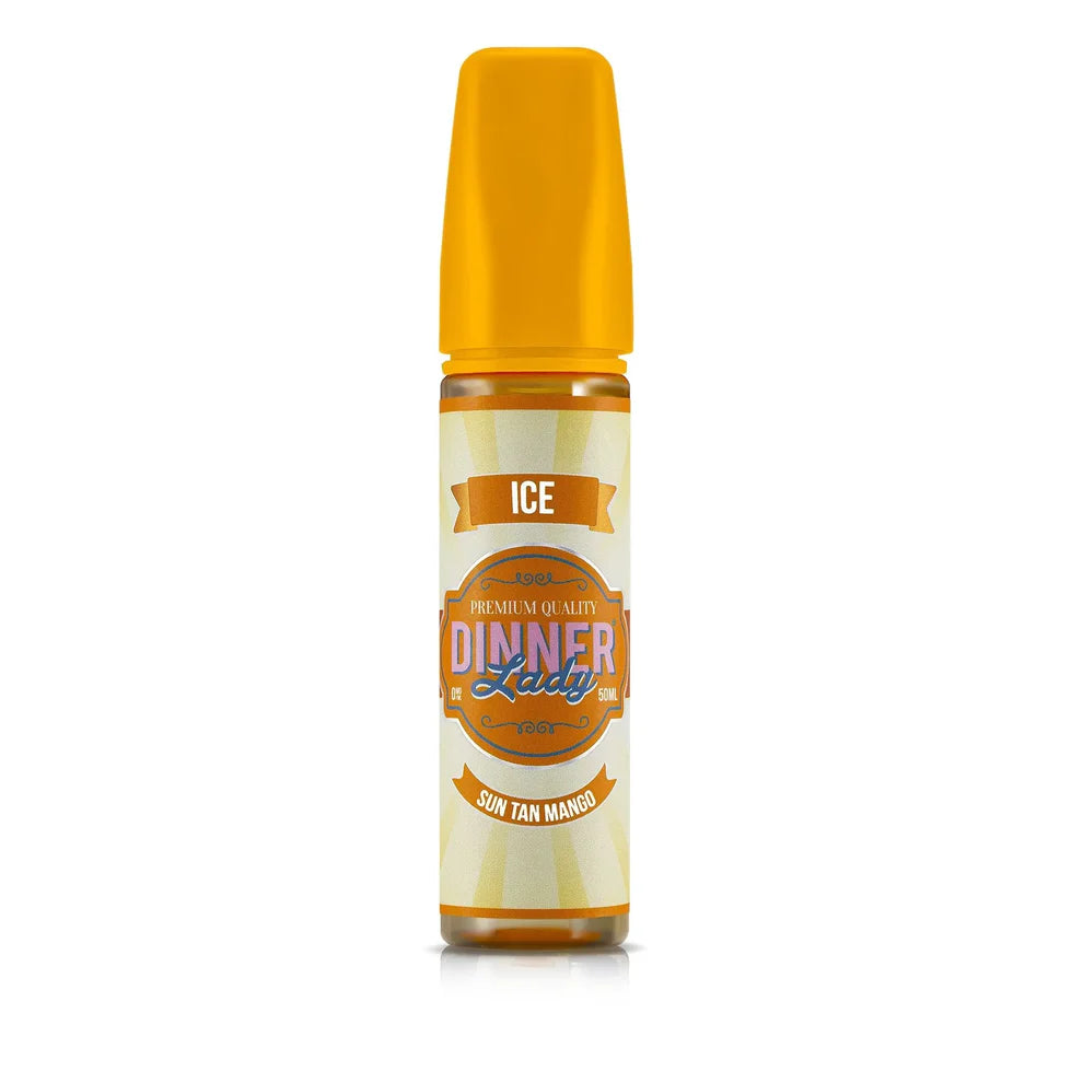 Dinner Lady Ice Sun Tan Mango vape juice bottle on a white background